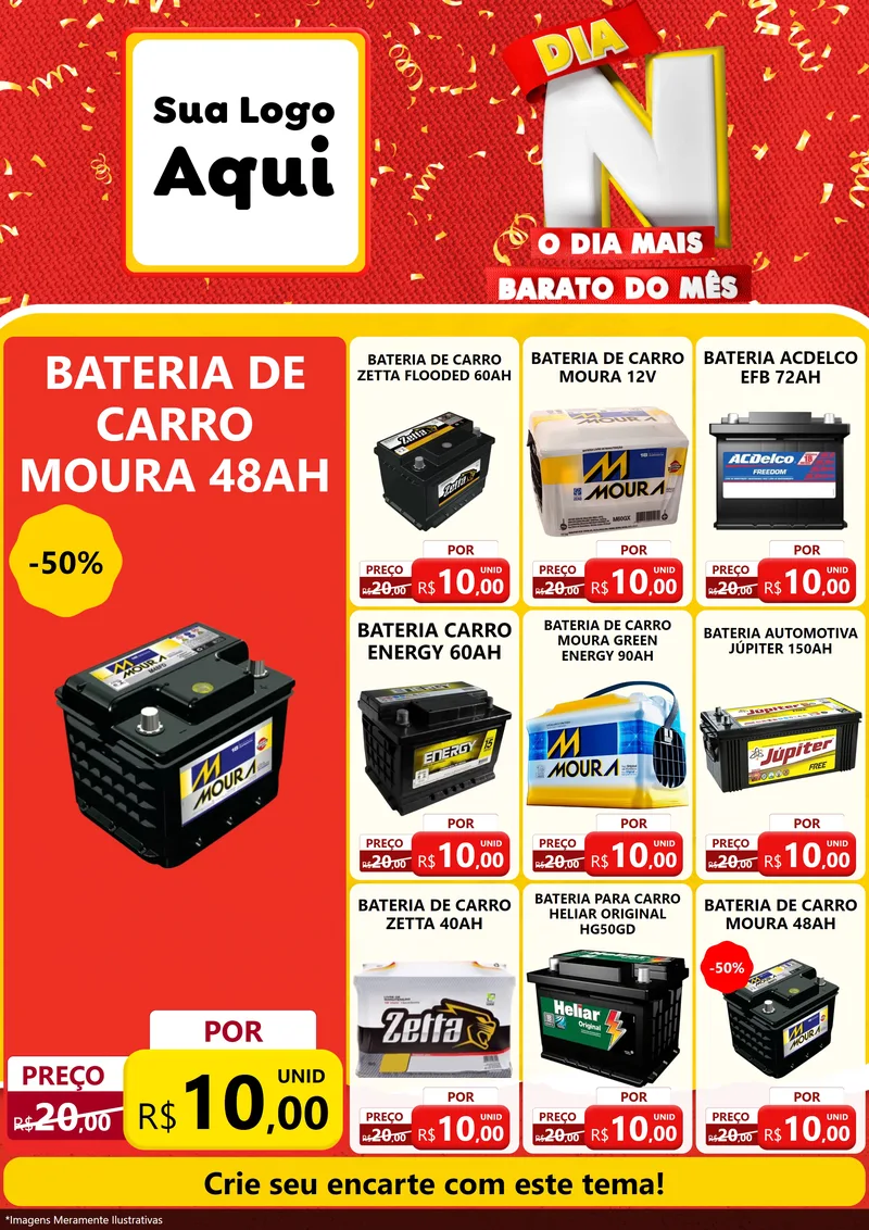 Modelo de Encarte para Encarte A4 Vertical com o tema Dia N o Dia Mais Barato do Mês para Baterias Elétricas