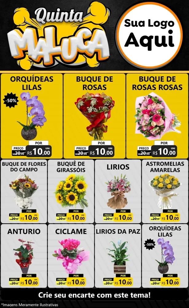 Modelo de Encarte para Encarte Grande com o tema Quinta Maluca para Floricultura e jardim