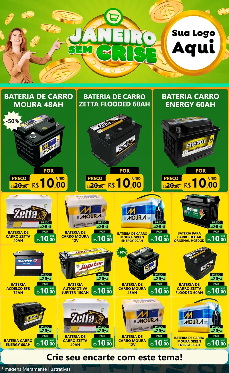 Modelo de Encarte para Encarte Grande com o tema Janeiro Sem Crise para Baterias Elétricas