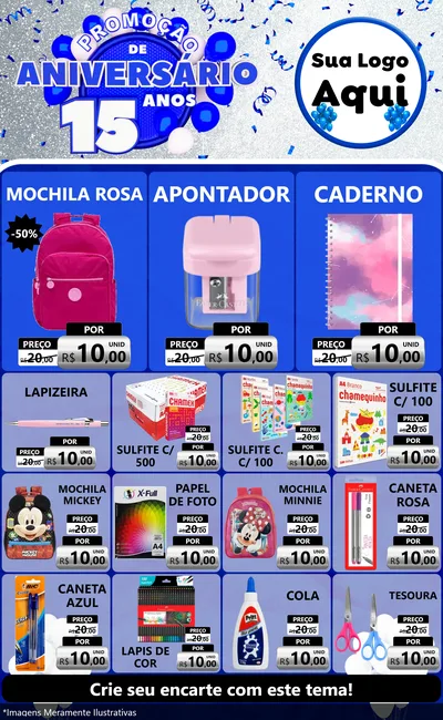 Modelo de Encarte para Encarte Grande com o tema Promoção de Aniversário - 15 Anos para Papelaria