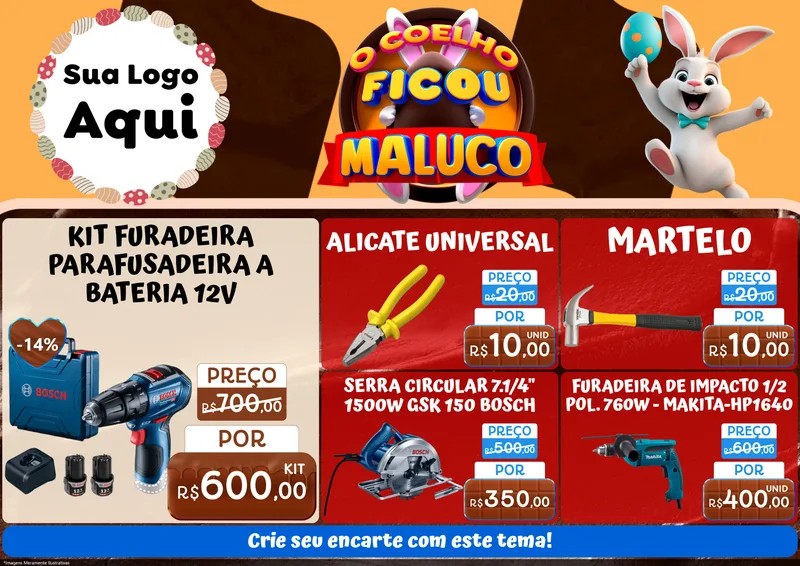 Modelo de Encarte para Encarte A4 Horizontal com o tema O Coelho Ficou Maluco - Páscoa para Maquinas e Ferramentas