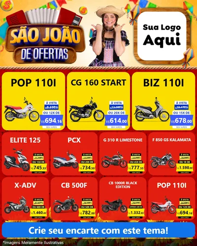 Modelo de Rede Social para Feed Instagram com o tema São João de Ofertas para Concessionaria de Motos
