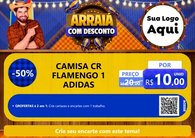 Modelo de Cartaz para Cartaz A4 Horizontal com o tema Arraiá Com Desconto para Roupas e acessórios