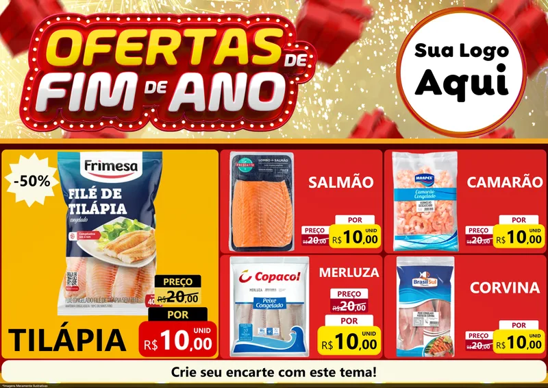 Modelo de Encarte para Encarte A4 Horizontal com o tema Ofertas de Fim de Ano para Peixaria