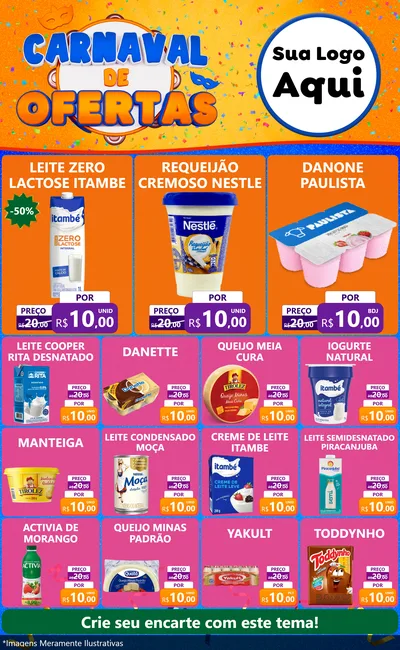 Modelo de Encarte para Encarte Grande com o tema Carnaval de Ofertas para Frios e Laticínios
