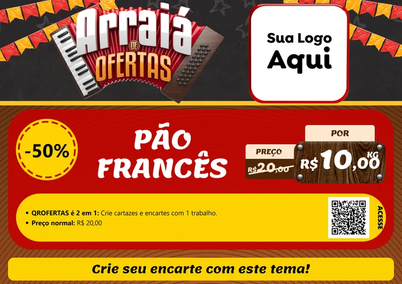 Modelo de Cartaz para Cartaz A4 Horizontal com o tema Arraiá de Ofertas - Junina para Padaria