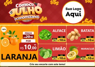 Modelo de Encarte para Encarte A4 Horizontal com o tema Comece Julho Economizando para Hortifrúti