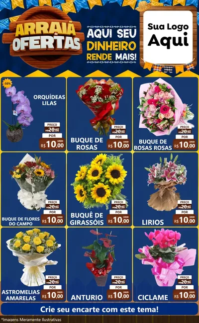 Modelo de Encarte para Encarte Grande com o tema Arraiá de Ofertas - Junina para Floricultura e jardim
