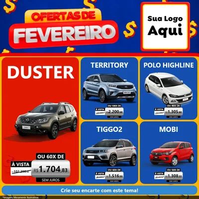 Modelo de Rede Social para Feed Facebook com o tema Ofertas de Fevereiro para Concessionaria de Carros
