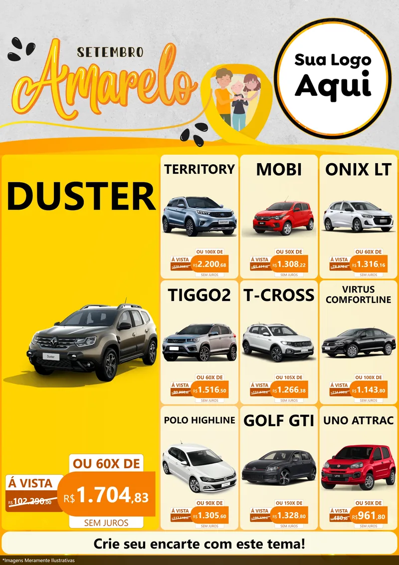 Modelo de Encarte para Encarte A4 Vertical com o tema Setembro Amarelo para Concessionaria de Carros