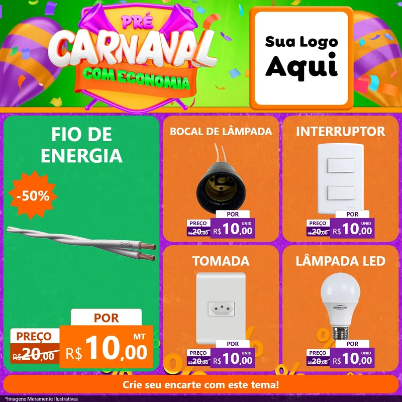 Modelo de Rede Social para Feed Facebook com o tema Pré-Carnaval Com Economia para Materiais Elétricos