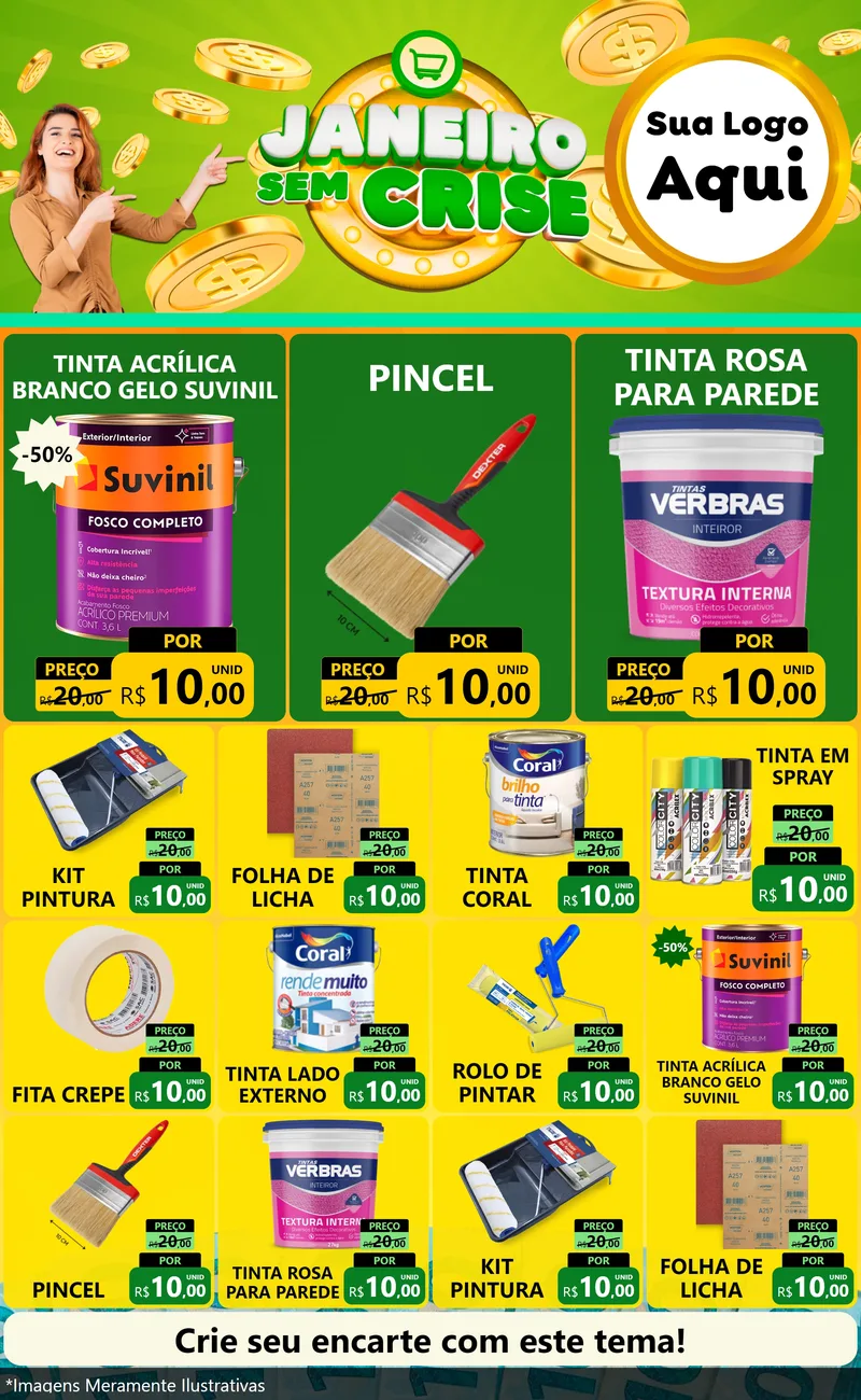 Modelo de Encarte para Encarte Grande com o tema Janeiro Sem Crise para Tintas e Ferramentas