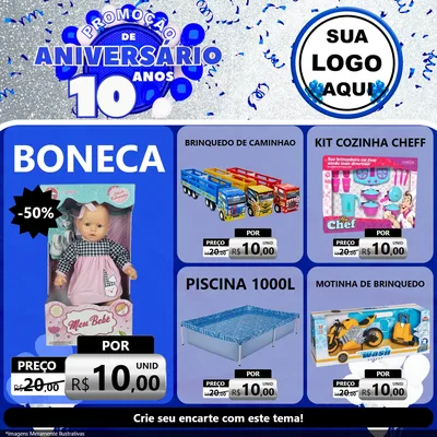 Modelo de Rede Social para Feed Facebook com o tema Promoção de Aniversário - 10 Anos para Brinquedos