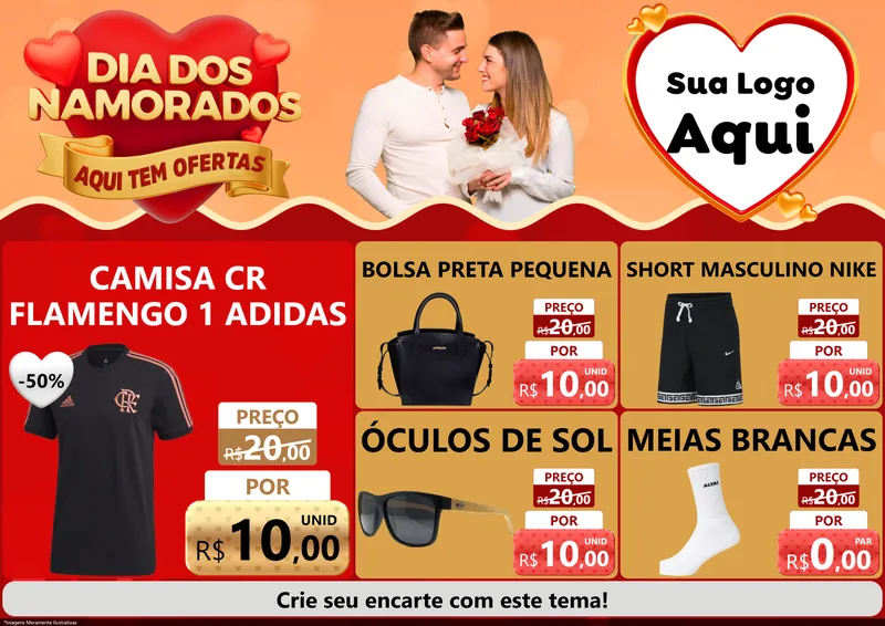 Modelo de Encarte para Encarte A4 Horizontal com o tema Dia dos Namorados - Aqui Tem Ofertas para Roupas e acessórios