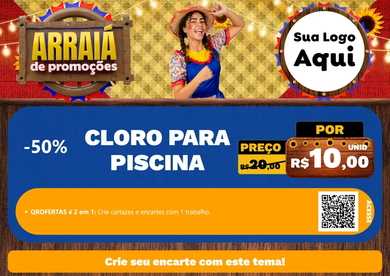 Modelo de Cartaz para Cartaz A4 Horizontal com o tema Arraiá de Promoções para Produtos para Piscina