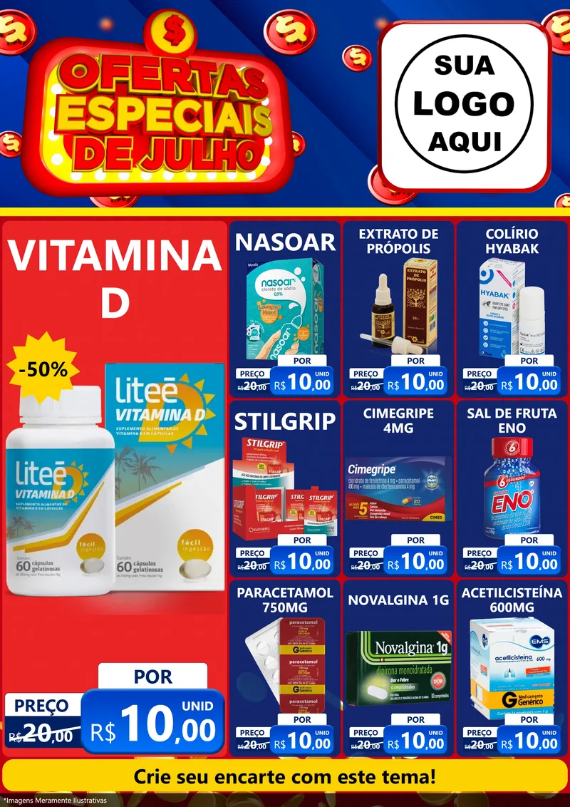 Modelo de Encarte para Encarte A4 Vertical com o tema Ofertas Especiais de Julho para Farmácia