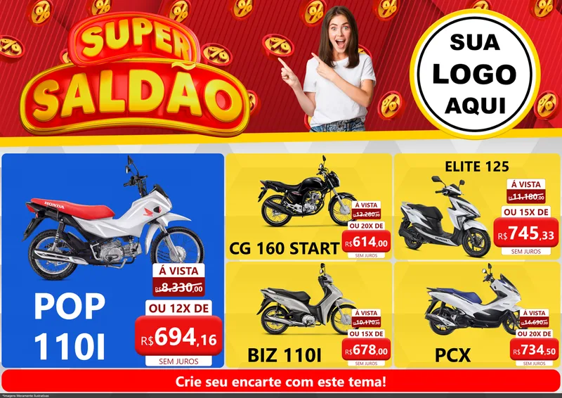 Modelo de Encarte para Encarte A4 Horizontal com o tema Super Saldão para Concessionaria de Motos