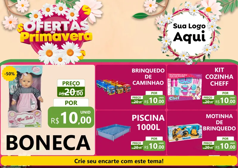 Modelo de Encarte para Encarte A4 Horizontal com o tema Ofertas de Primavera para Brinquedos