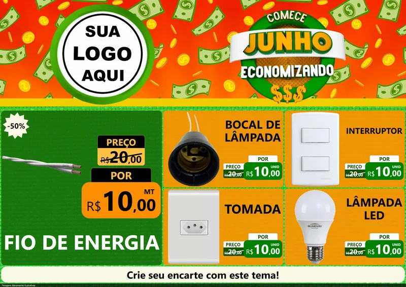 Modelo de Encarte para Encarte A4 Horizontal com o tema Comece Junho Economizando para Materiais Elétricos