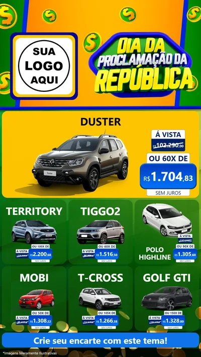 Modelo de Rede Social para Stories com o tema Dia Da Proclamação da República para Concessionaria de Carros