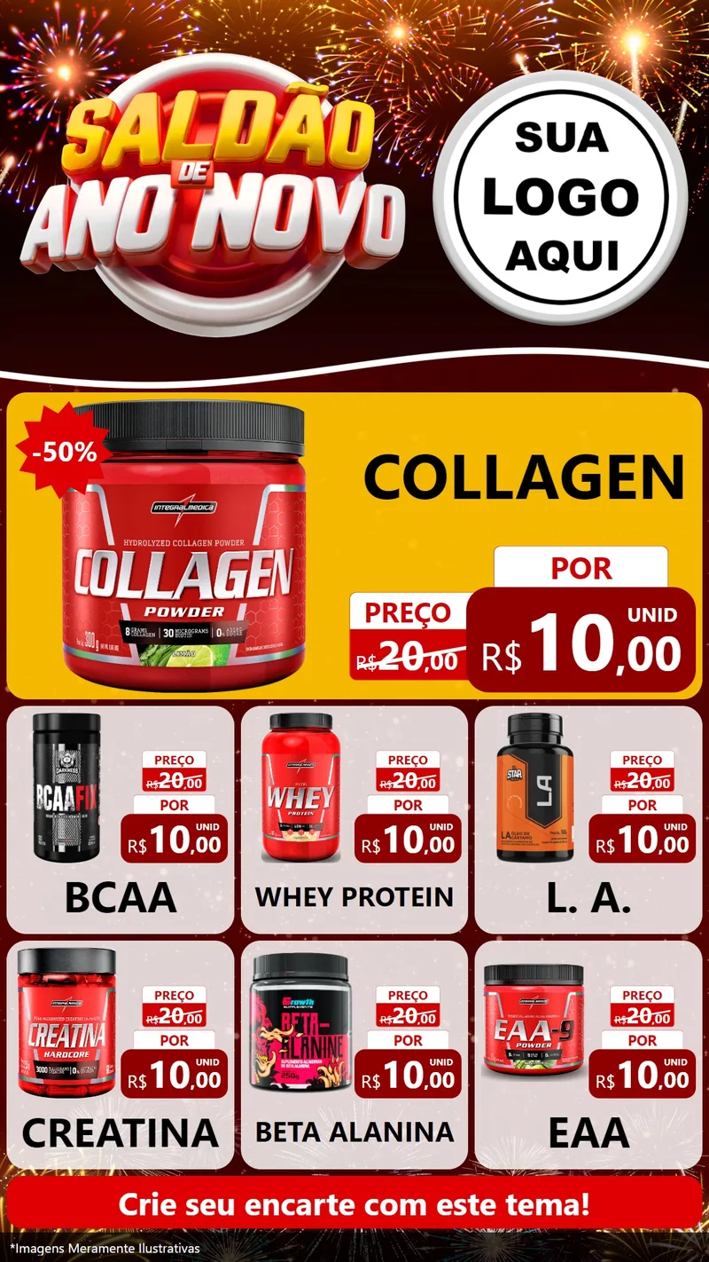 Modelo de Rede Social para Stories com o tema Saldão de Ano Novo para Suplementos alimentares