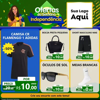 Modelo de Rede Social para Feed Facebook com o tema Ofertas da Semana da Independência para Roupas e acessórios