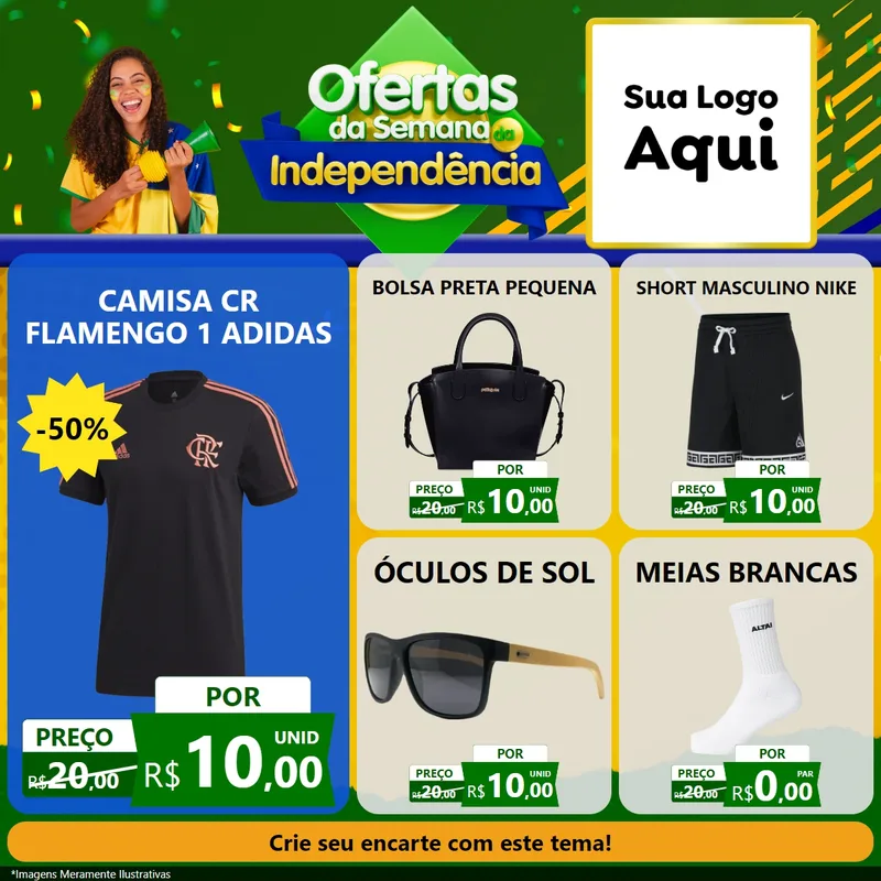 Modelo de Rede Social para Feed Facebook com o tema Ofertas da Semana da Independência para Roupas e acessórios
