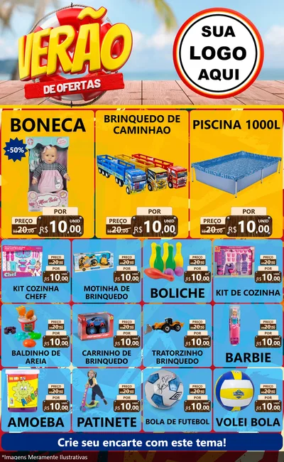 Modelo de Encarte para Encarte Grande com o tema Verão de Ofertas para Brinquedos