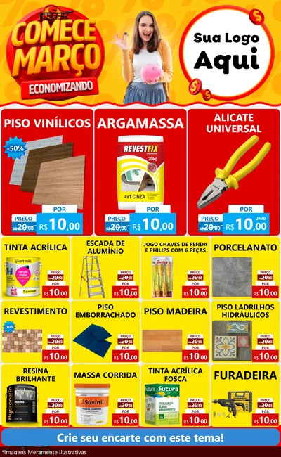Modelo de Encarte para Encarte Grande com o tema Comece Março Economizando para Material para Construção