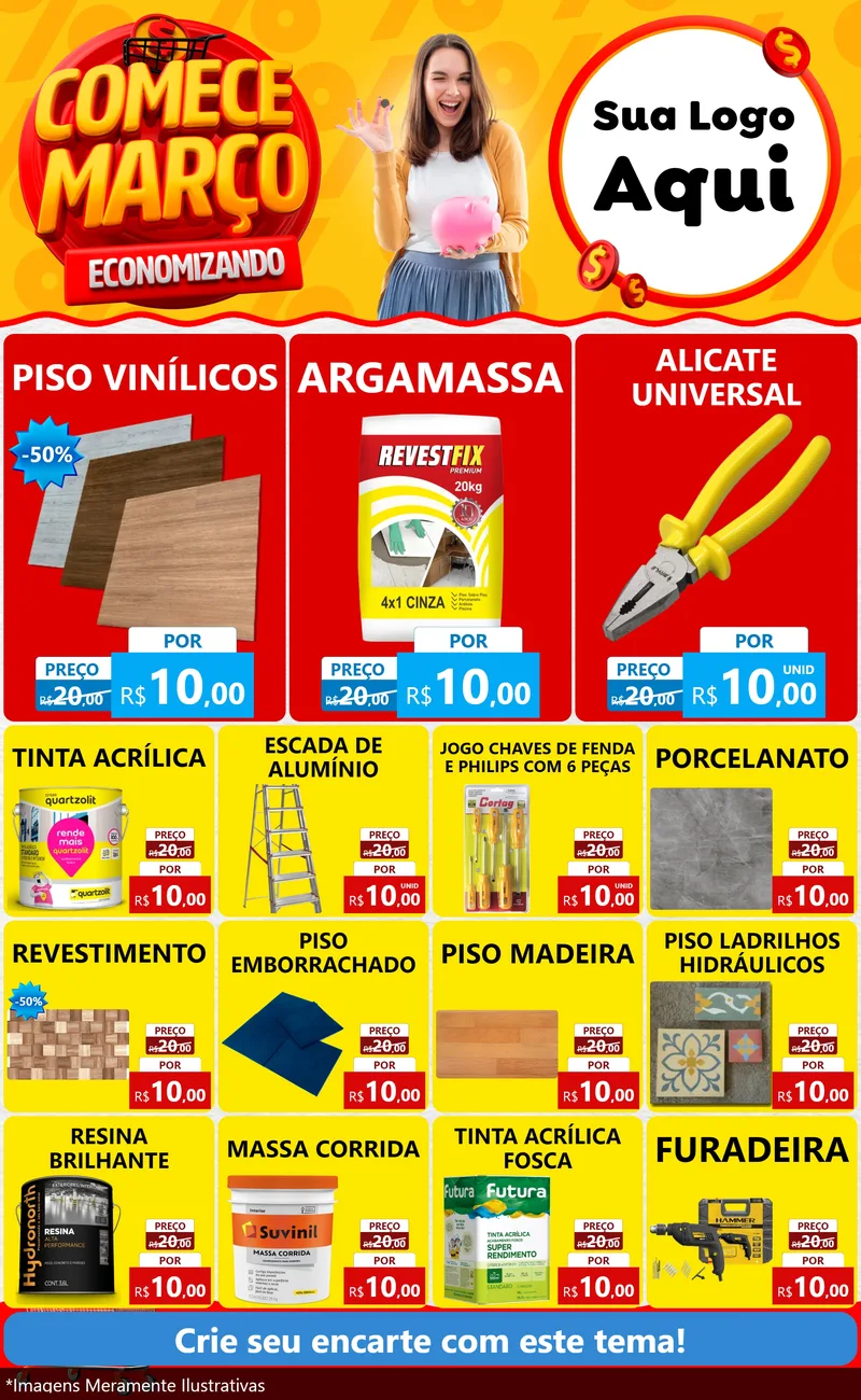 Modelo de Encarte para Encarte Grande com o tema Comece Março Economizando para Material para Construção