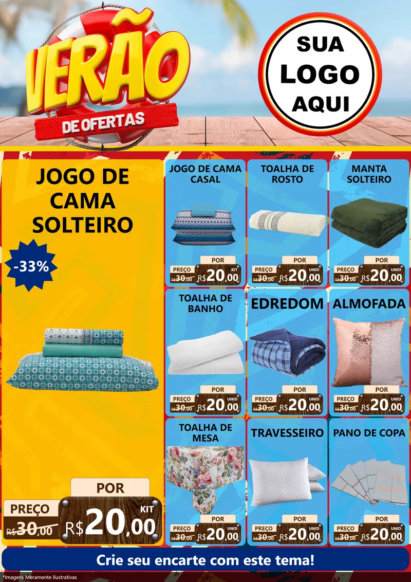 Modelo de Encarte para Encarte A4 Vertical com o tema Verão de Ofertas para Cama, Mesa e Banho