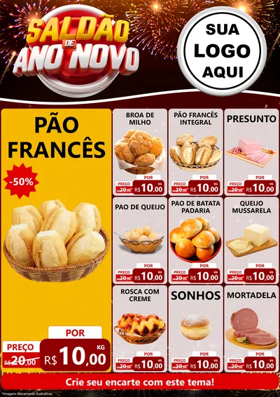 Modelo de Encarte para Encarte A4 Vertical com o tema Saldão de Ano Novo para Padaria
