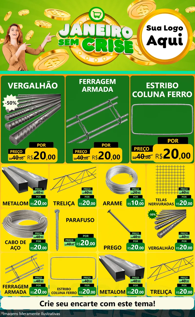 Modelo de Encarte para Encarte Grande com o tema Janeiro Sem Crise para Ferragens
