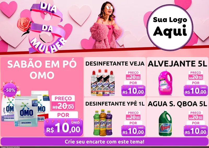 Modelo de Encarte para Encarte A4 Horizontal com o tema Dia da Mulher para Produtos de Limpeza