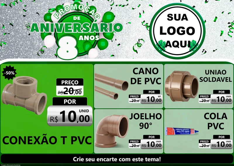 Modelo de Encarte para Encarte A4 Horizontal com o tema Promoção de Aniversário - 8 Anos para Tubos e conexões