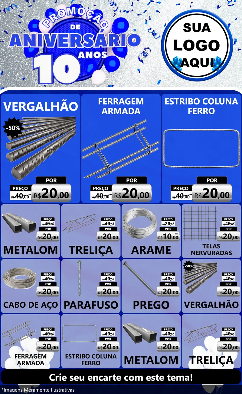 Modelo de Encarte para Encarte Grande com o tema Promoção de Aniversário - 10 Anos para Ferragens