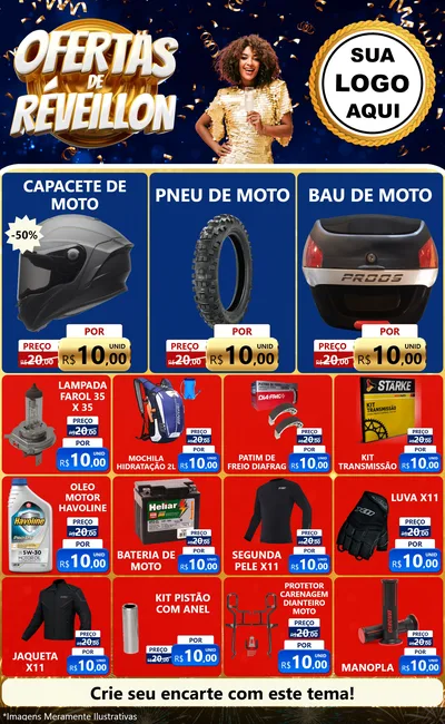 Modelo de Encarte para Encarte Grande com o tema Ofertas de Réveillon para Moto peças