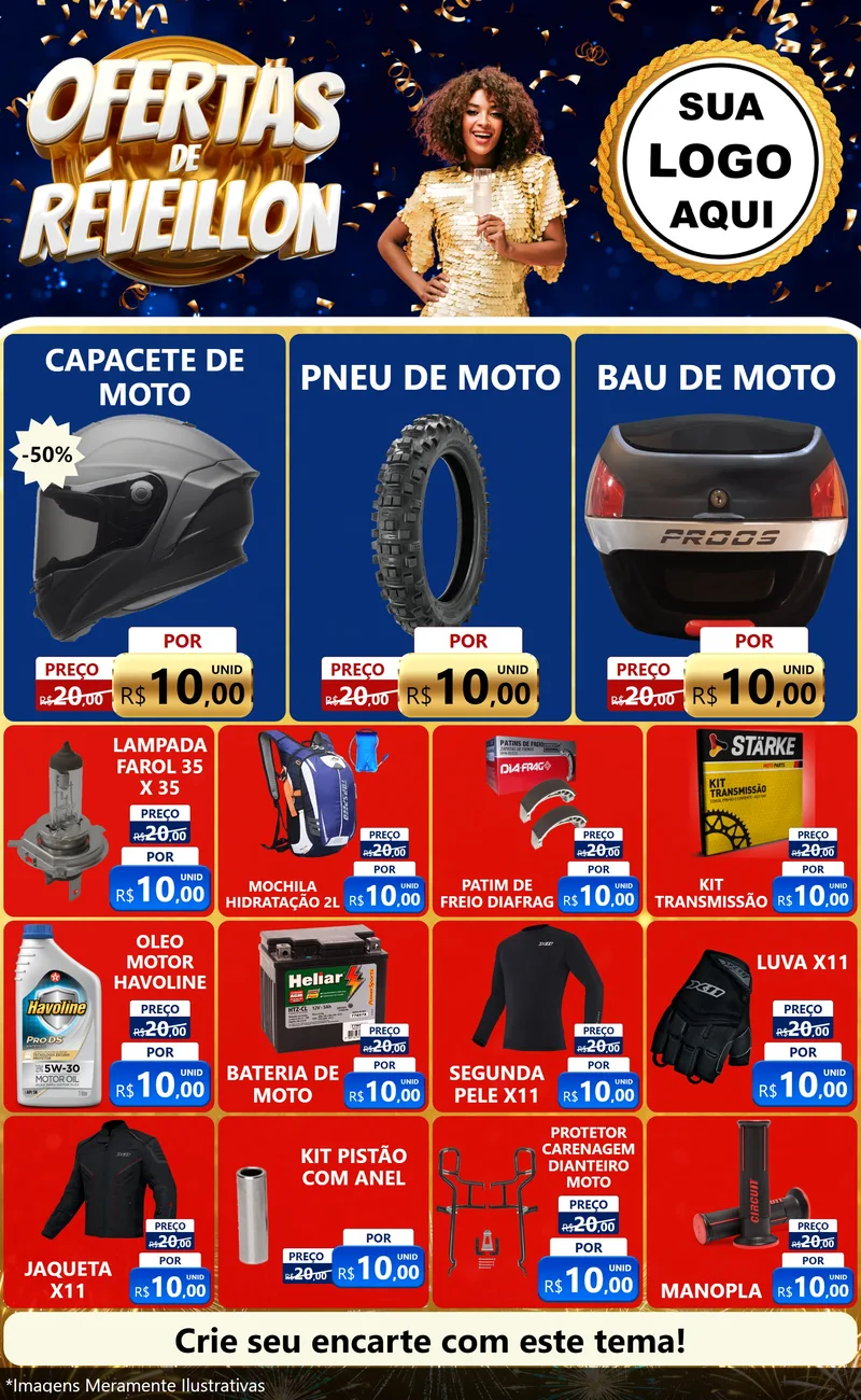 Modelo de Encarte para Encarte Grande com o tema Ofertas de Réveillon para Moto peças