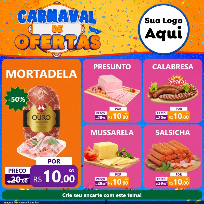 Modelo de Rede Social para Feed Facebook com o tema Carnaval de Ofertas para Frios e Laticínios