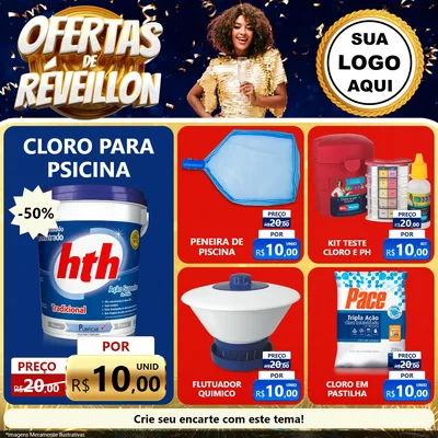 Modelo de Rede Social para Feed Facebook com o tema Ofertas de Réveillon para Produtos para Piscina