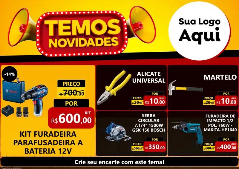 Modelo de Encarte para Encarte A4 Horizontal com o tema Temos Novidades para Maquinas e Ferramentas