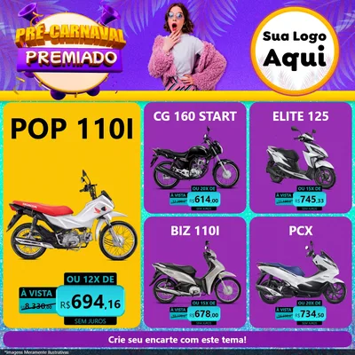 Modelo de Rede Social para Feed Facebook com o tema Pré-Carnaval Premiado para Concessionaria de Motos