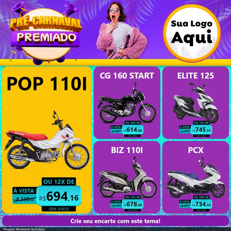 Modelo de Rede Social para Feed Facebook com o tema Pré-Carnaval Premiado para Concessionaria de Motos
