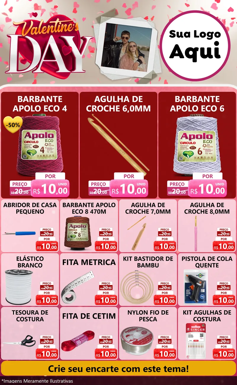 Modelo de Encarte para Encarte Grande com o tema Valentine's Day para Armarinho e Aviamentos