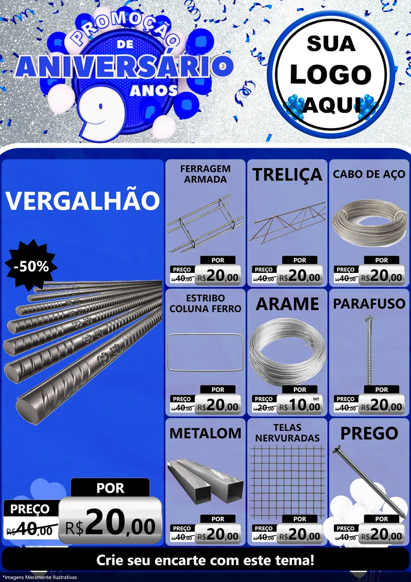 Modelo de Encarte para Encarte A4 Vertical com o tema Promoção de Aniversário - 9 Anos para Ferragens