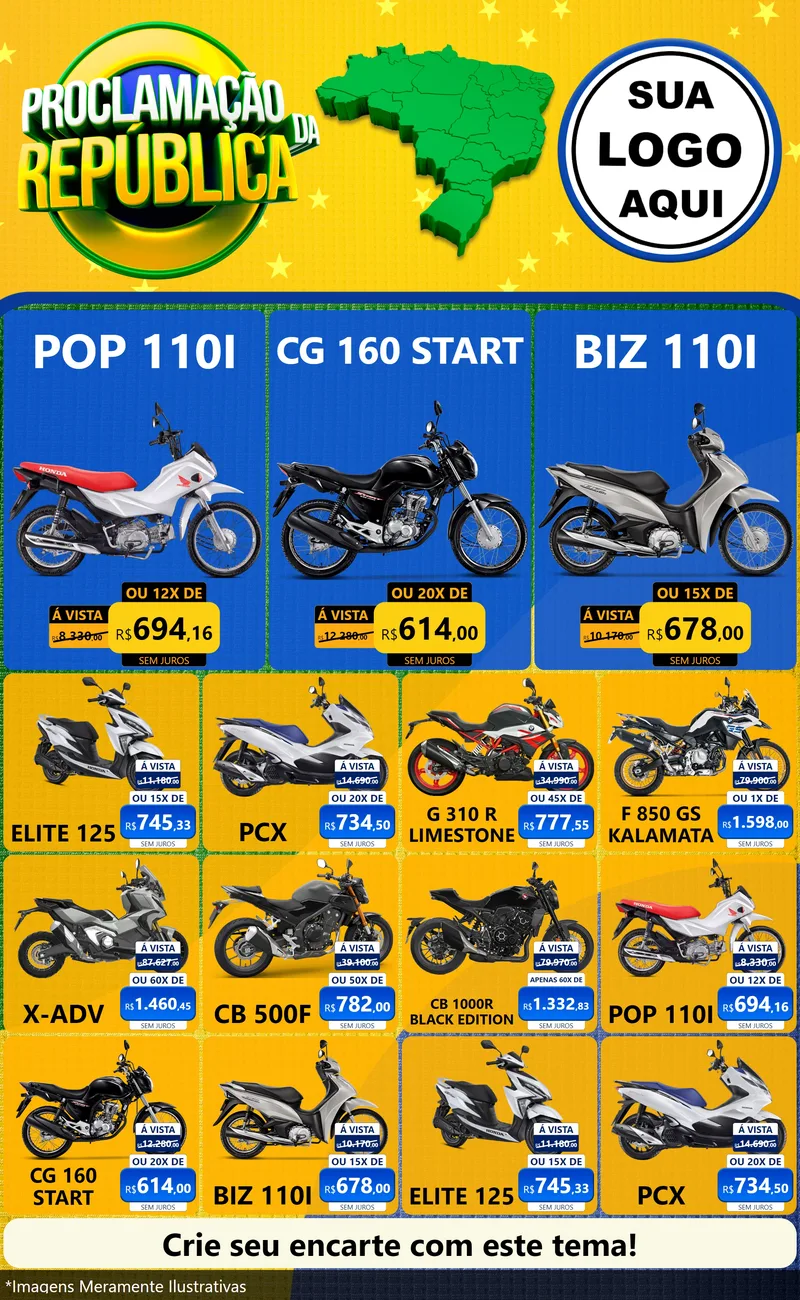 Modelo de Encarte para Encarte Grande com o tema Proclamação da República para Concessionaria de Motos