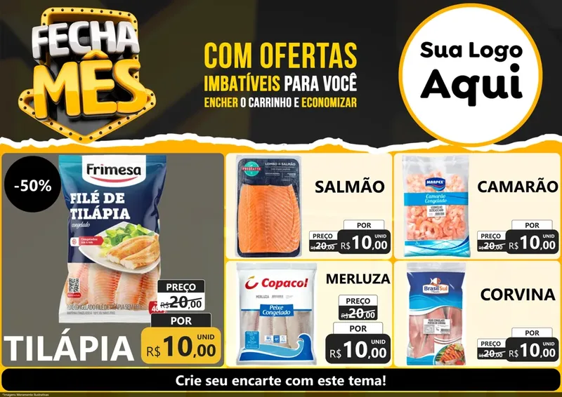 Modelo de Encarte para Encarte A4 Horizontal com o tema Fecha Mês para Peixaria