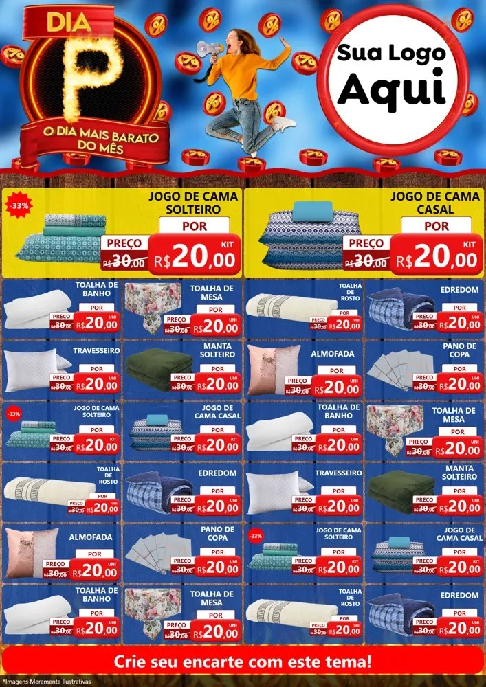 Modelo de Encarte para Encarte A4 Vertical com o tema Dia P - O Dia Mais Barato Do Mês para Cama, Mesa e Banho