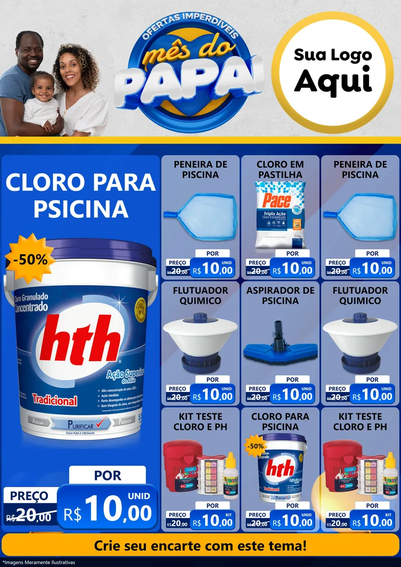 Modelo de Encarte para Encarte A4 Vertical com o tema Ofertas Imperdíveis Mês Do Papai para Produtos para Piscina