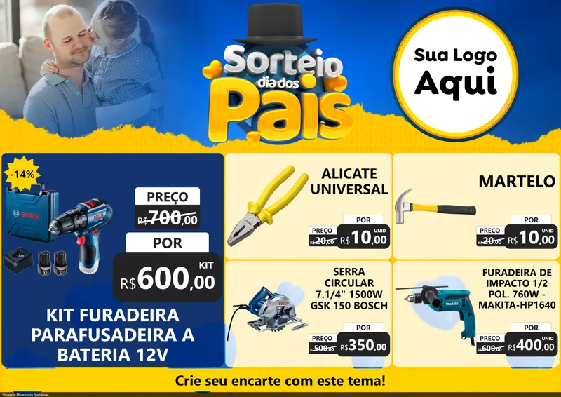 Modelo de Encarte para Encarte A4 Horizontal com o tema Sorteio Dia Dos Pais para Maquinas e Ferramentas